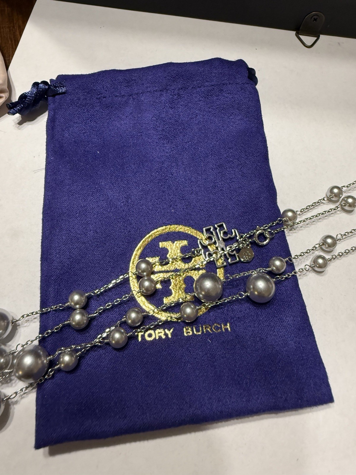 New Auth. Tory Burch Long 44” Silver Britten Necklace Silver/Grey Pearls w/ Tag