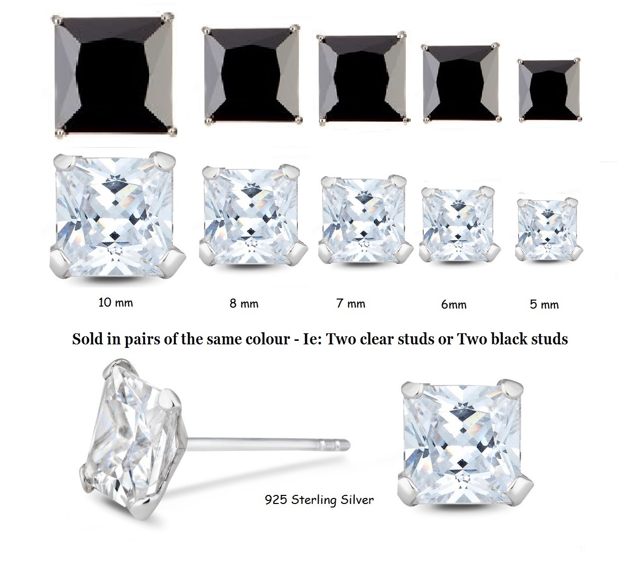 925 Sterling Silver CZ Claw Set SQUARE Stud Earrings 5 to 10 mm Clear or Black