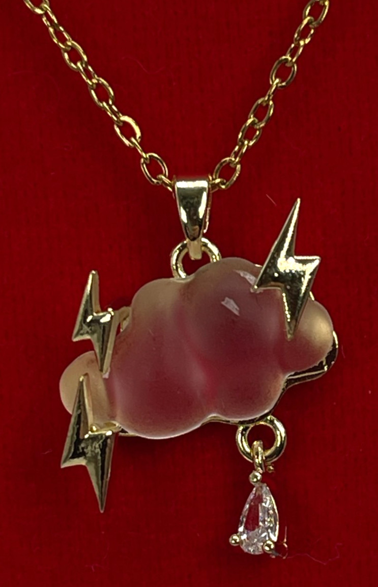 Necklace Iridescent White Cloud w/Gold Tone Lightning Bolts & Zirconia Rain Drop