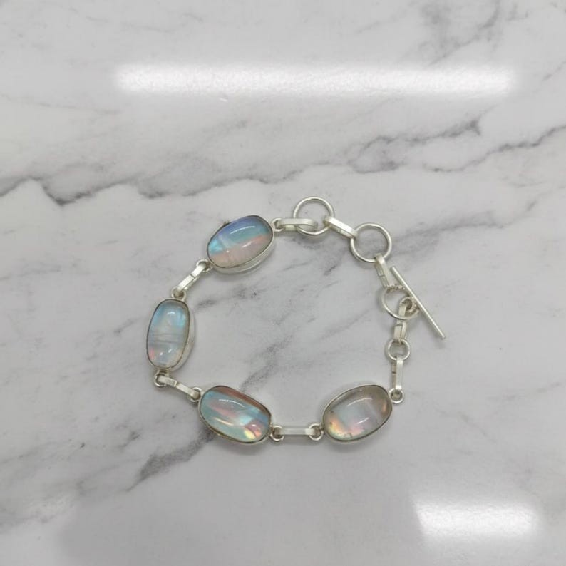 Rainbow Moonstone Link Bracelet for Women, Oval Cabochon Flashy Gemstones