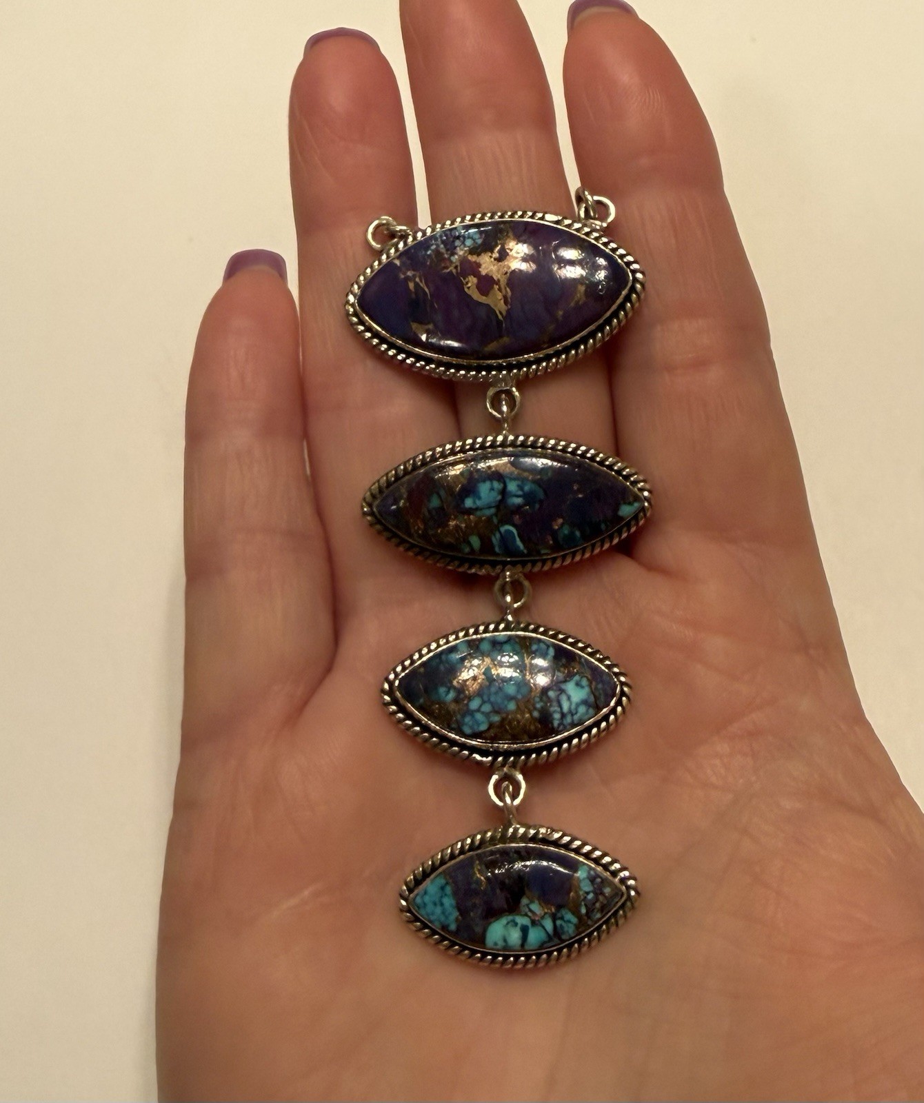 Sterling Silver Purple Mohave Copper Turq Necklace Stamped 925 Adj 25” @ Longest