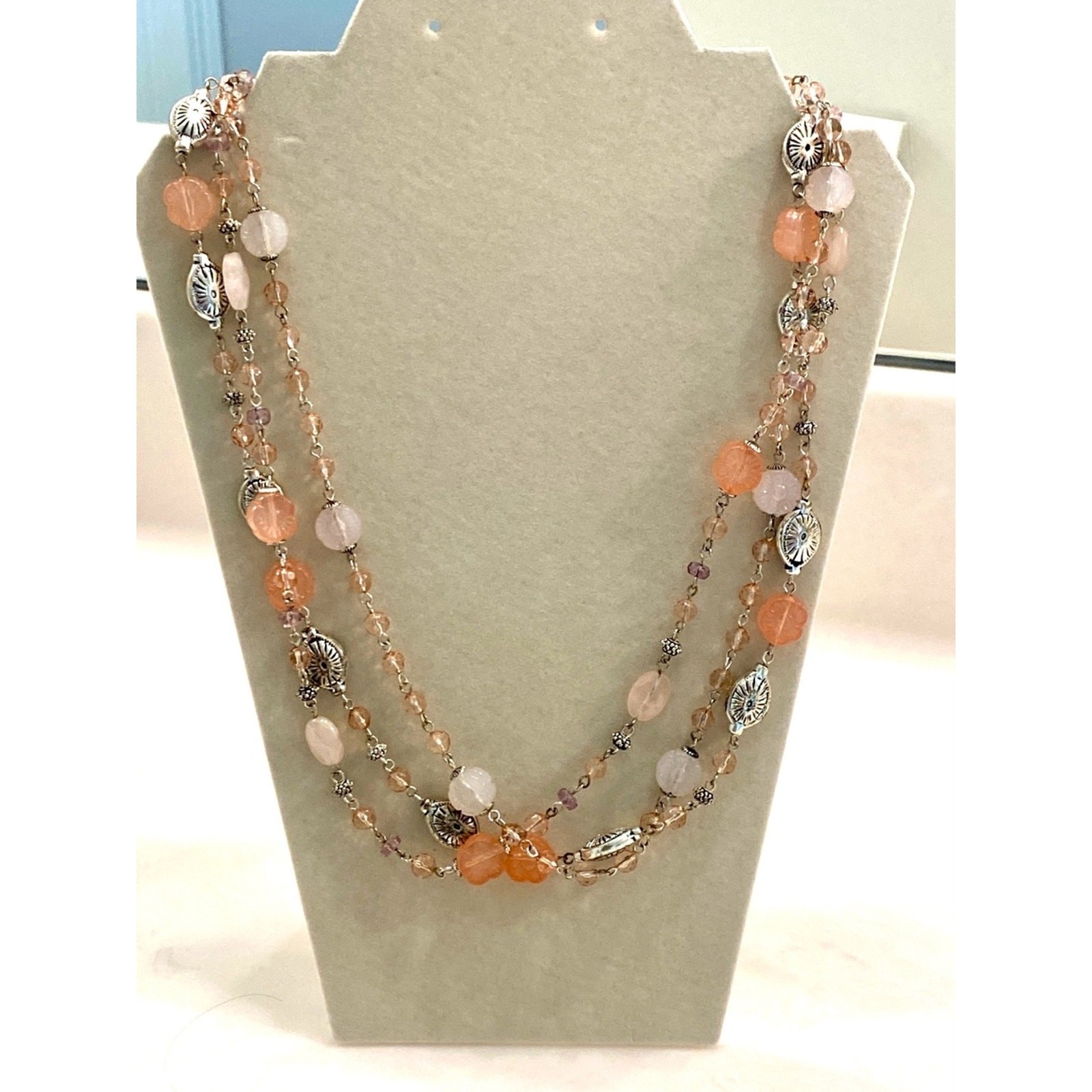 Vintage Avon Peach and Pale Pink Triple-Strand Beaded Necklace with Silver