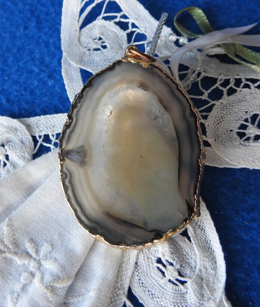 Estate Natural Agate Slice Gold Tone or Plated Stone Pendant 2″ X 1 3/8″
