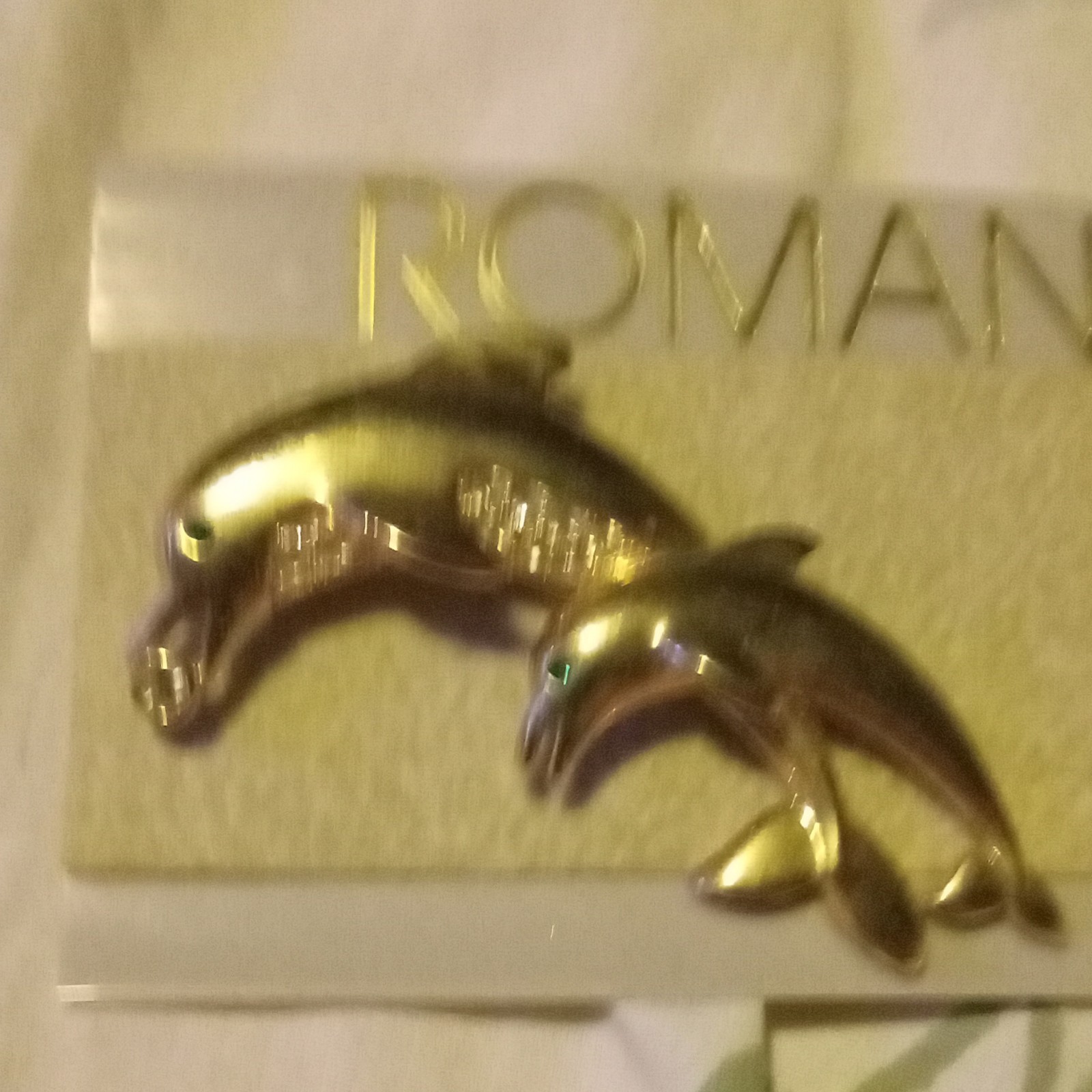 Vintage Roman Gold Tone Dolphin Brooch Pin Clear Round Rhinestone Eye Signed