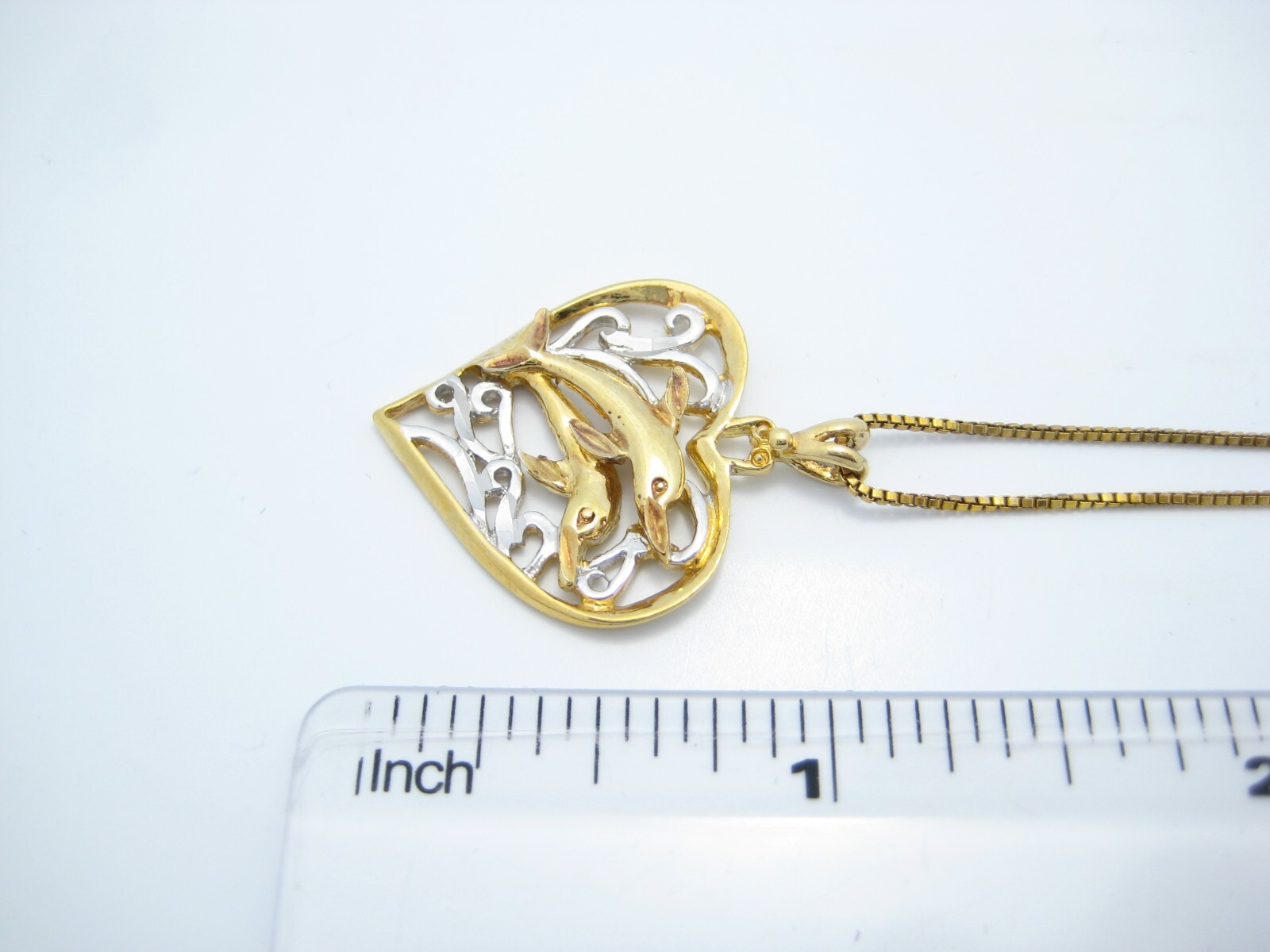 BSI Sterling Silver Gold Tone Dolphins Heart Pendant Chain Link Necklace 16″