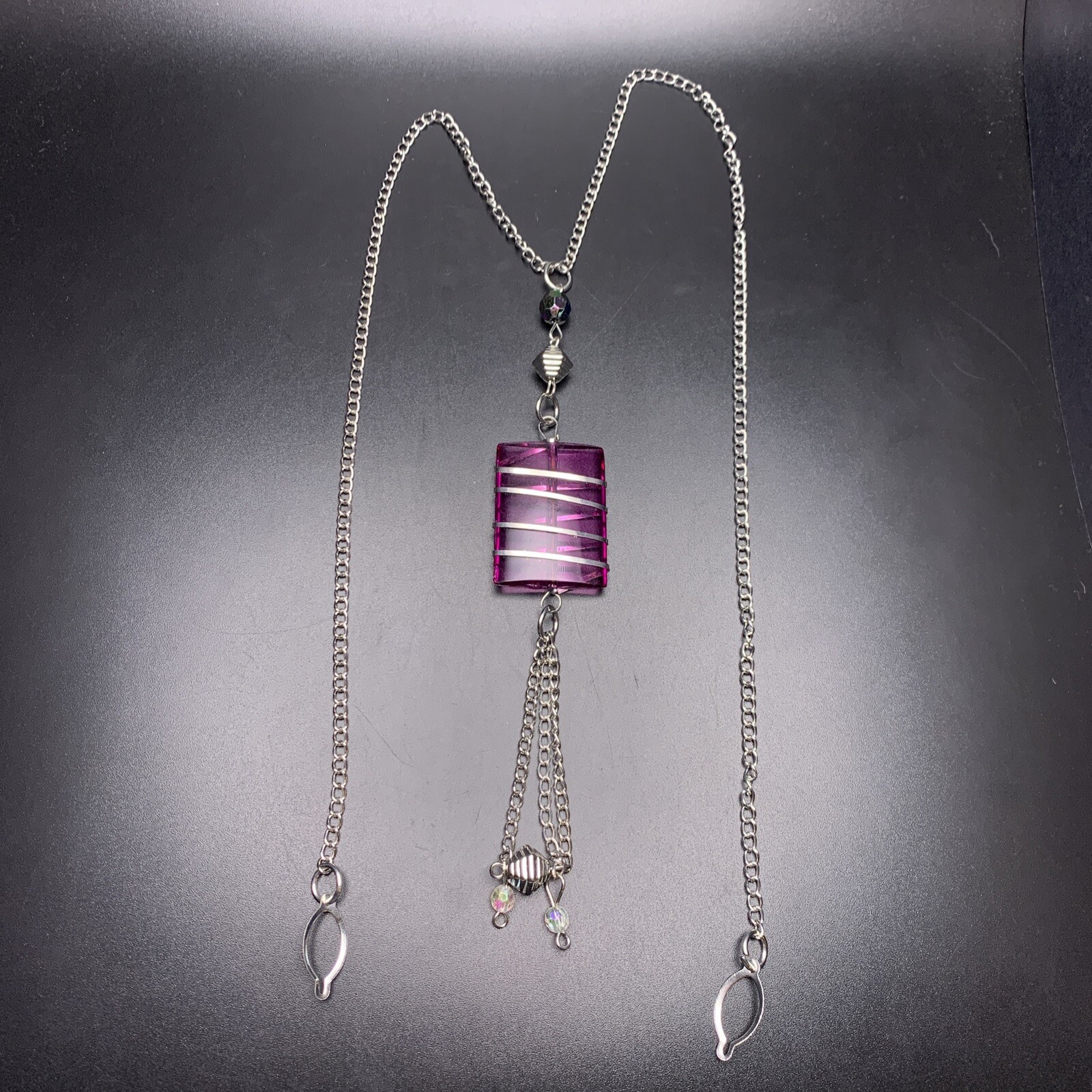 Long Collar Button Hook Sweater Blouse Necklace Silver Tone Tassel Boho Purple