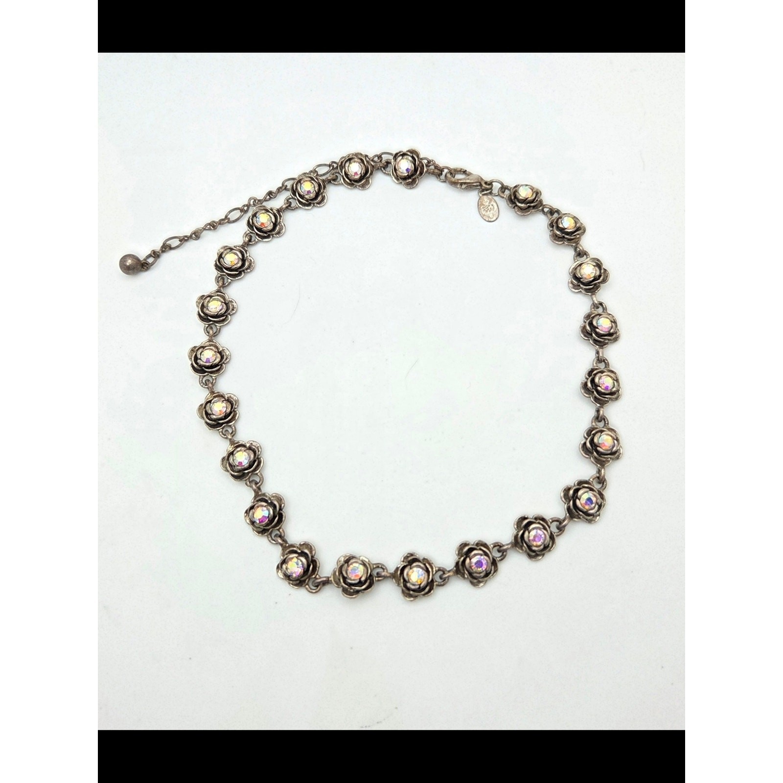 Premier Designs Antiqued Silvertone Rose Link Necklace AB Rhinestones 18″