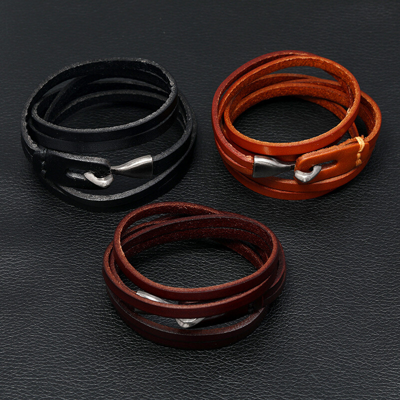 Leather Wrap Bracelets w Hook Closure, Your Choice, Dk Brown, Lt Brown OR Black