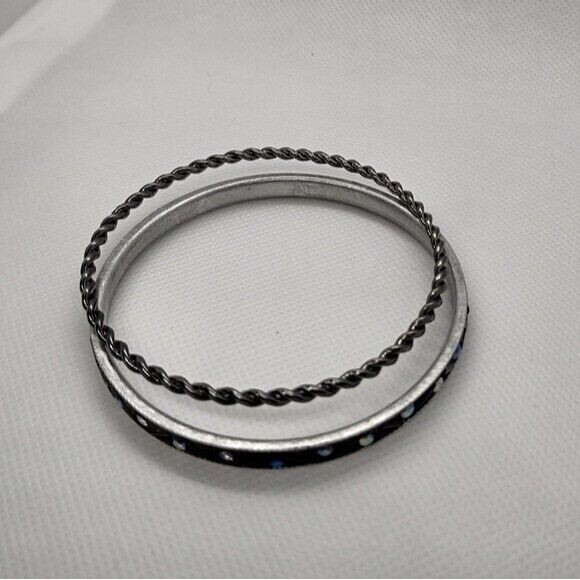 𝅺Sequin & Twirled Metal Bangle Bracelets 2 Set Black Goth Grunge Stacked 2.5″