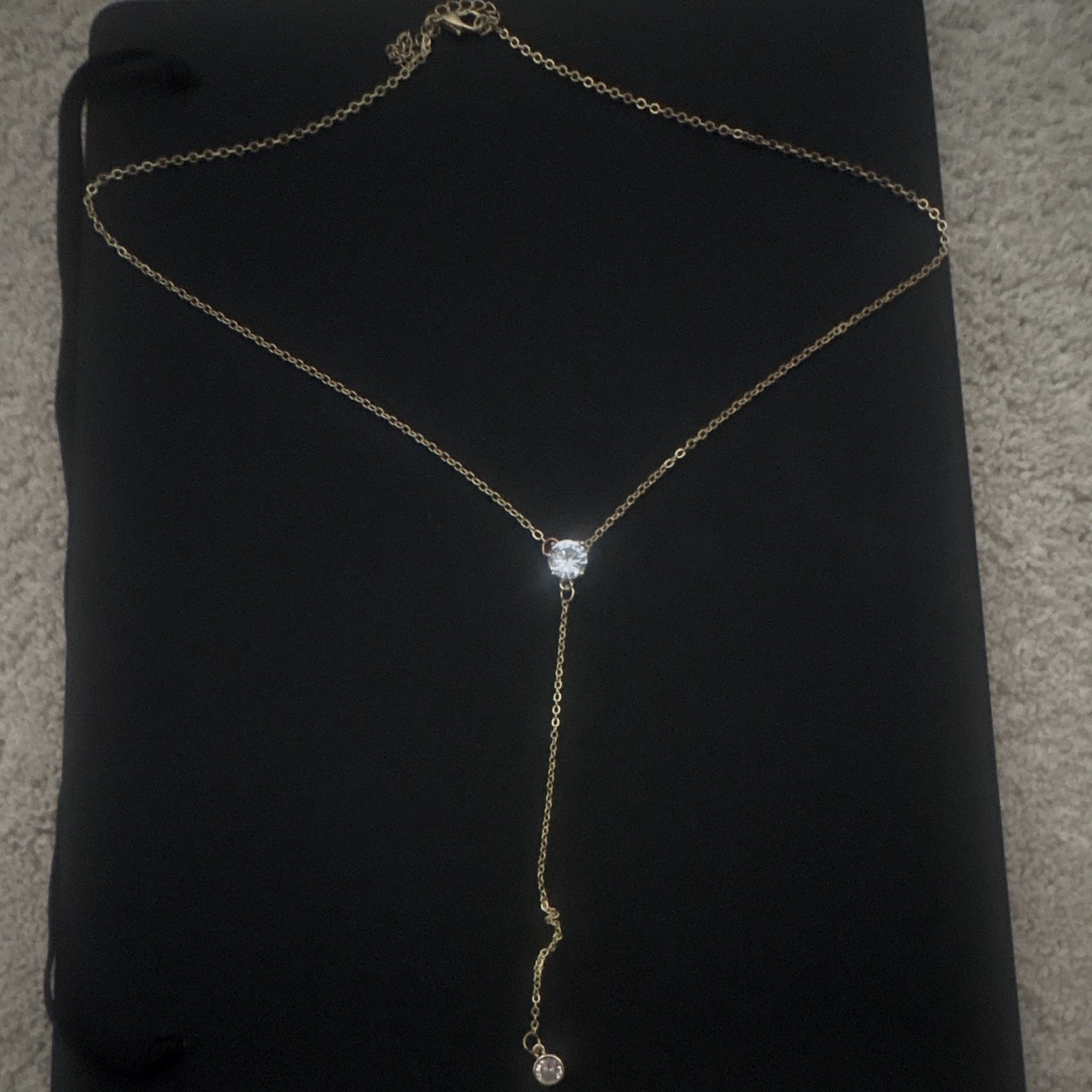 Gold Tone Y-Drop Lariat Necklace Clear Round Crystal Drop Pendant Lobster