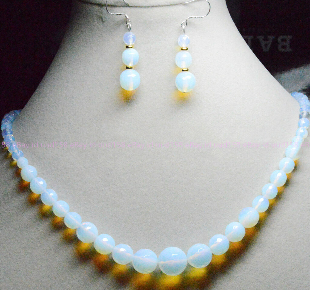 6-14mm White Faceted Sri Lanka Moonstone Gems Round Beads Necklaces Earrings Set
