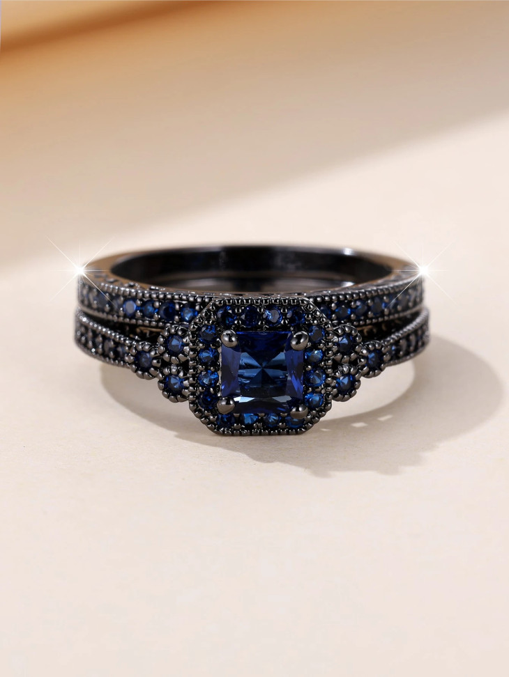 Vintage Black Blue CZ Wedding Engagement Ring Set Bridal Women Fashion Jewelry