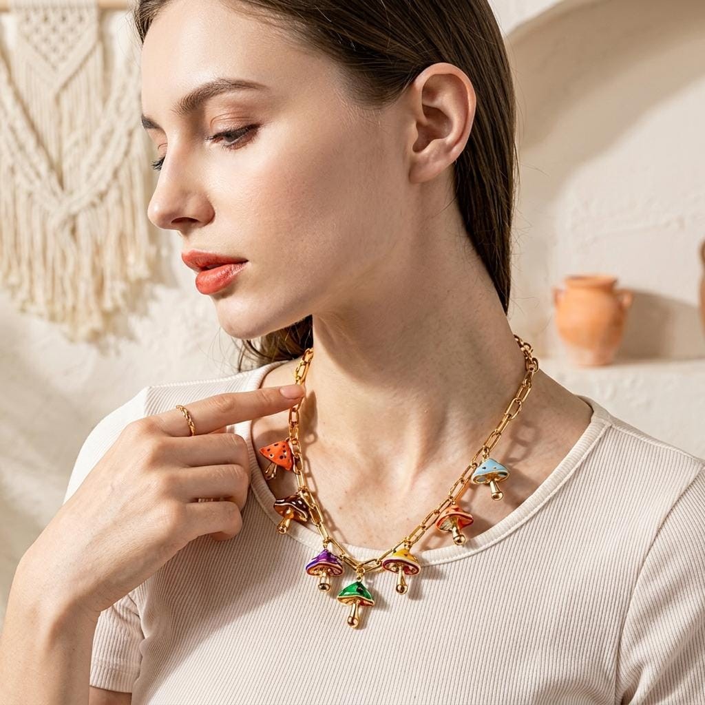 Multicolor Enamel Mushroom Charm Necklace,Paperclip Chain, Whimsical Woodland
