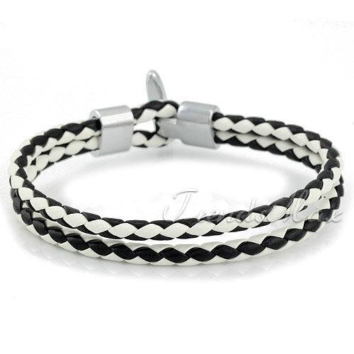 7.5mm Men Women White+Black Zebra Strands Braided Surfer Leather Bracelet 7 inch