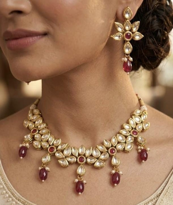 Kundan Pearl Ruby Red Bridal Necklace Set Gold Plated Wedding Jewelry Women