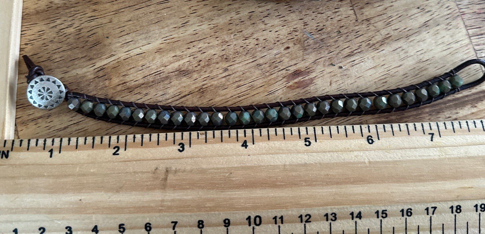 Beaded Leather Wrap Cuff Bracelet Silver Tone Button Closure