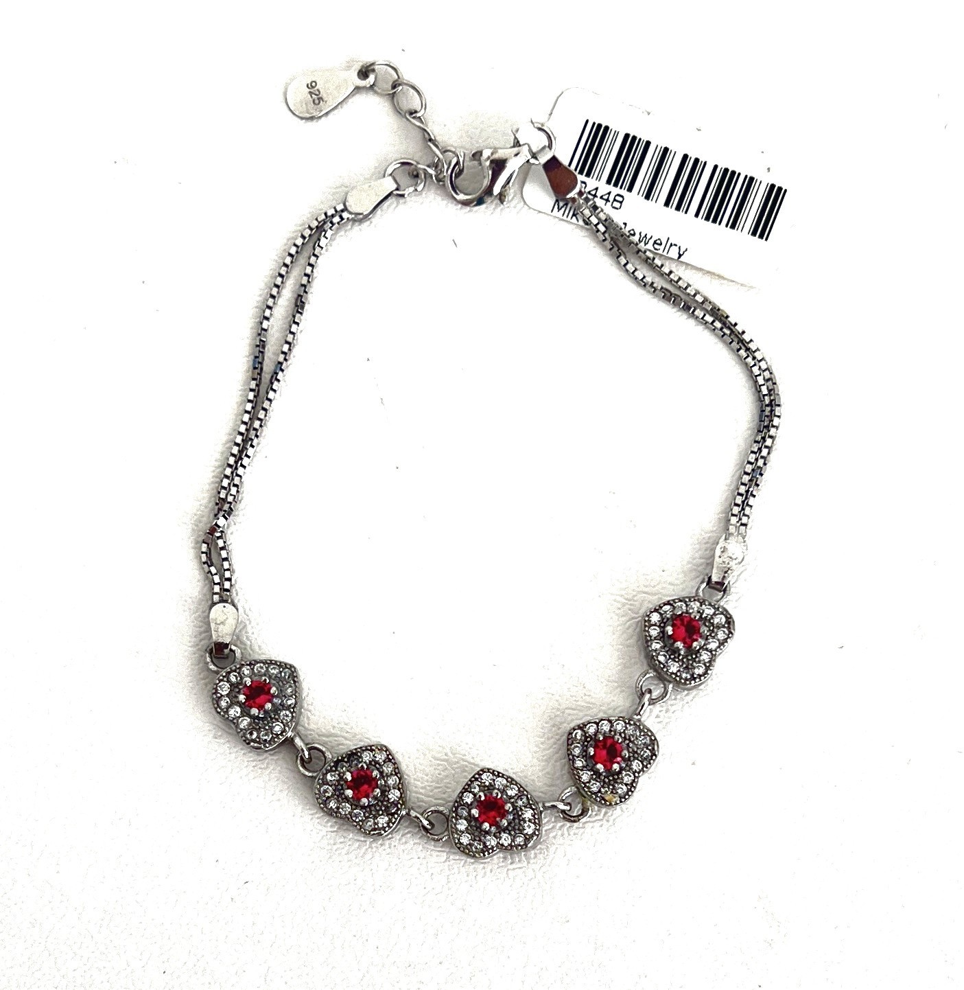JJB102 925 Silver Bracelet w/ 5 Pave Hearts filled w/ Pink and White Zircons NWT