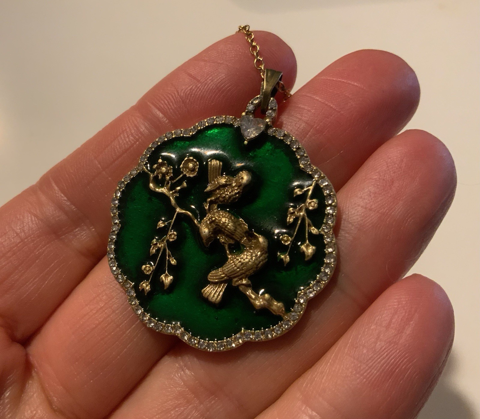Medieval Bird Flower Necklace Palace Museum Gold Court Heart CZ Art VTG Antique