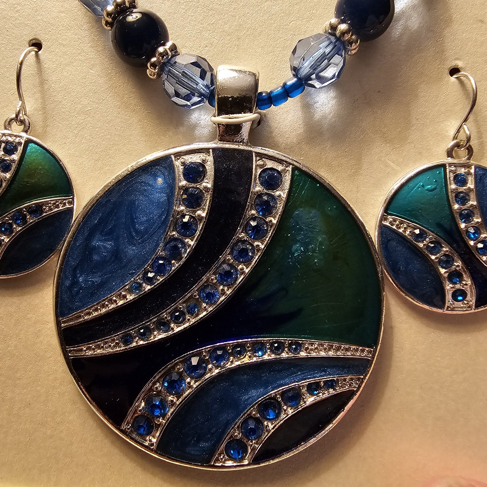 Kim Rogers Signed Blue Green Pendant Necklace & Earrings Enamel Set