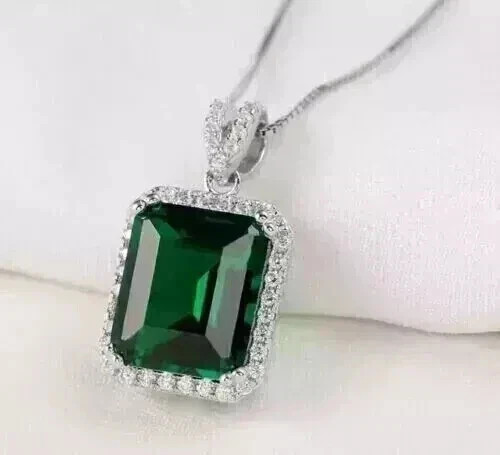 Simulated Green Emerald 4Ct Emerald Cut Women’s Halo Pendant White Gold Plated