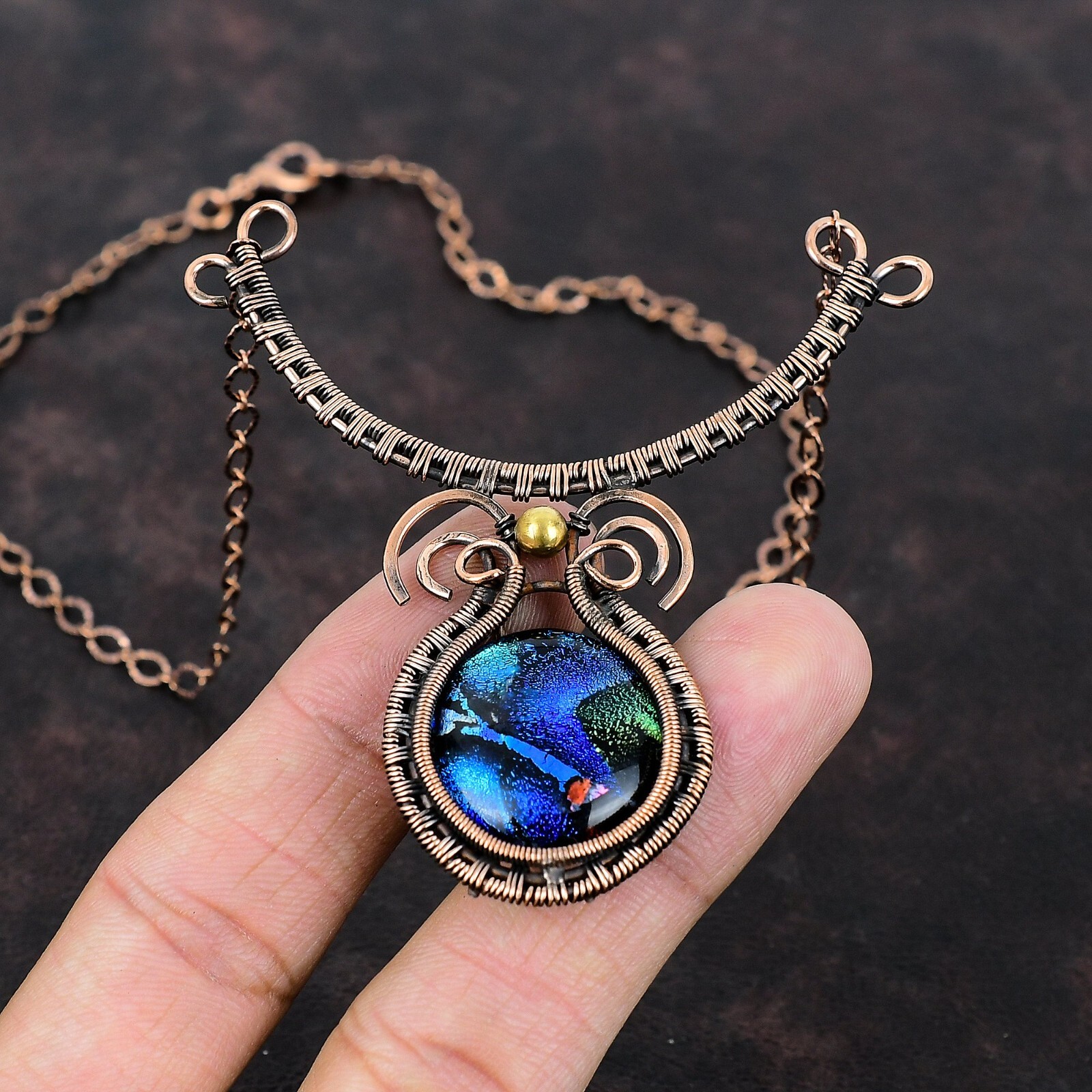 American Dichroic Glass Wire Wrapped Adjustable Handcrafted Copper Unique 18.0″