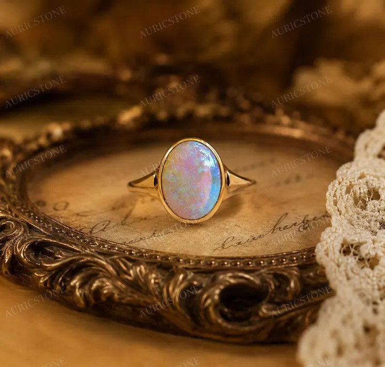Lab Created White Opal Ring, Base Metal: Brass Finish: Gold Plated Gift For Her