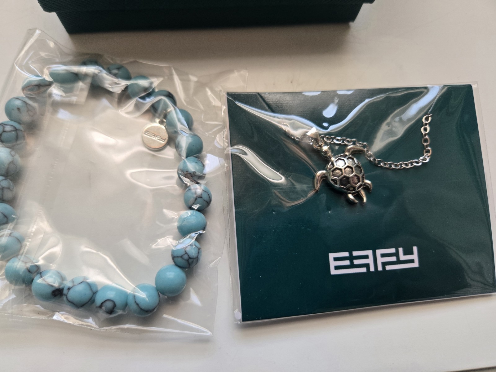 EFFY Turtle Necklace & Turquoise Bead Bracelet Jewelry Set Silver Tone Gift…