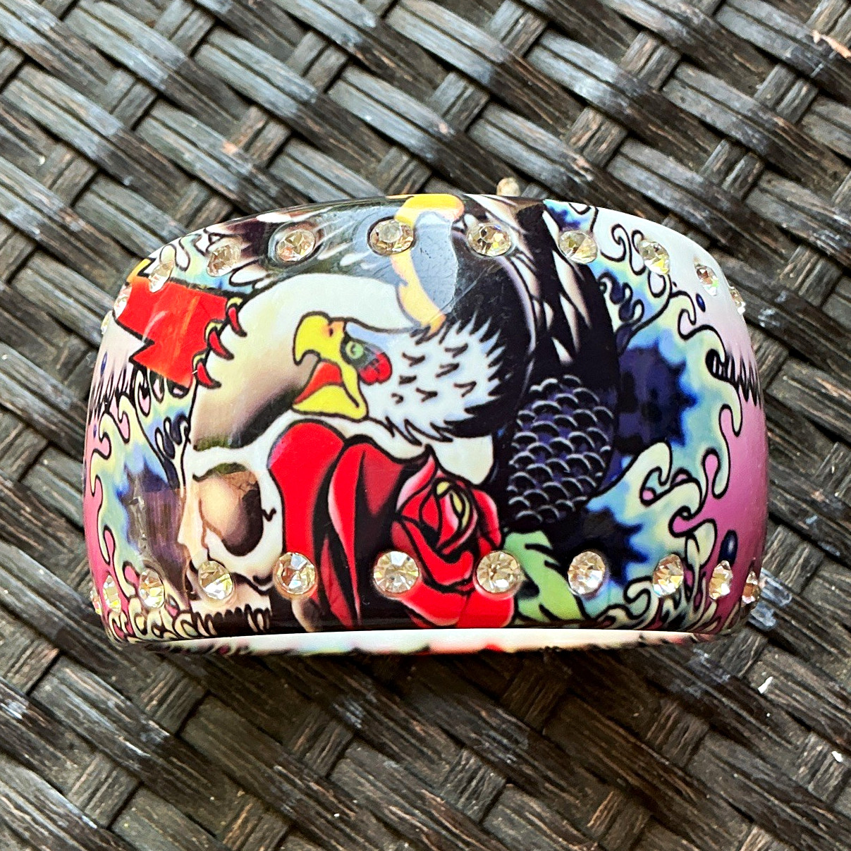 Ed Hardy Tattoo Theme Multicolor Plastic Stackable Bangle Bracelet Rhinestones