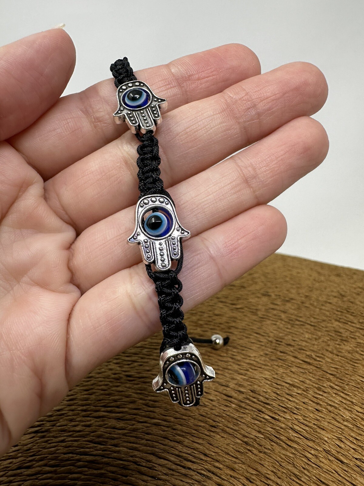 Adjustable Unisex Hamsa Hand Bracelet with Protection Eye Black Macrame Cord
