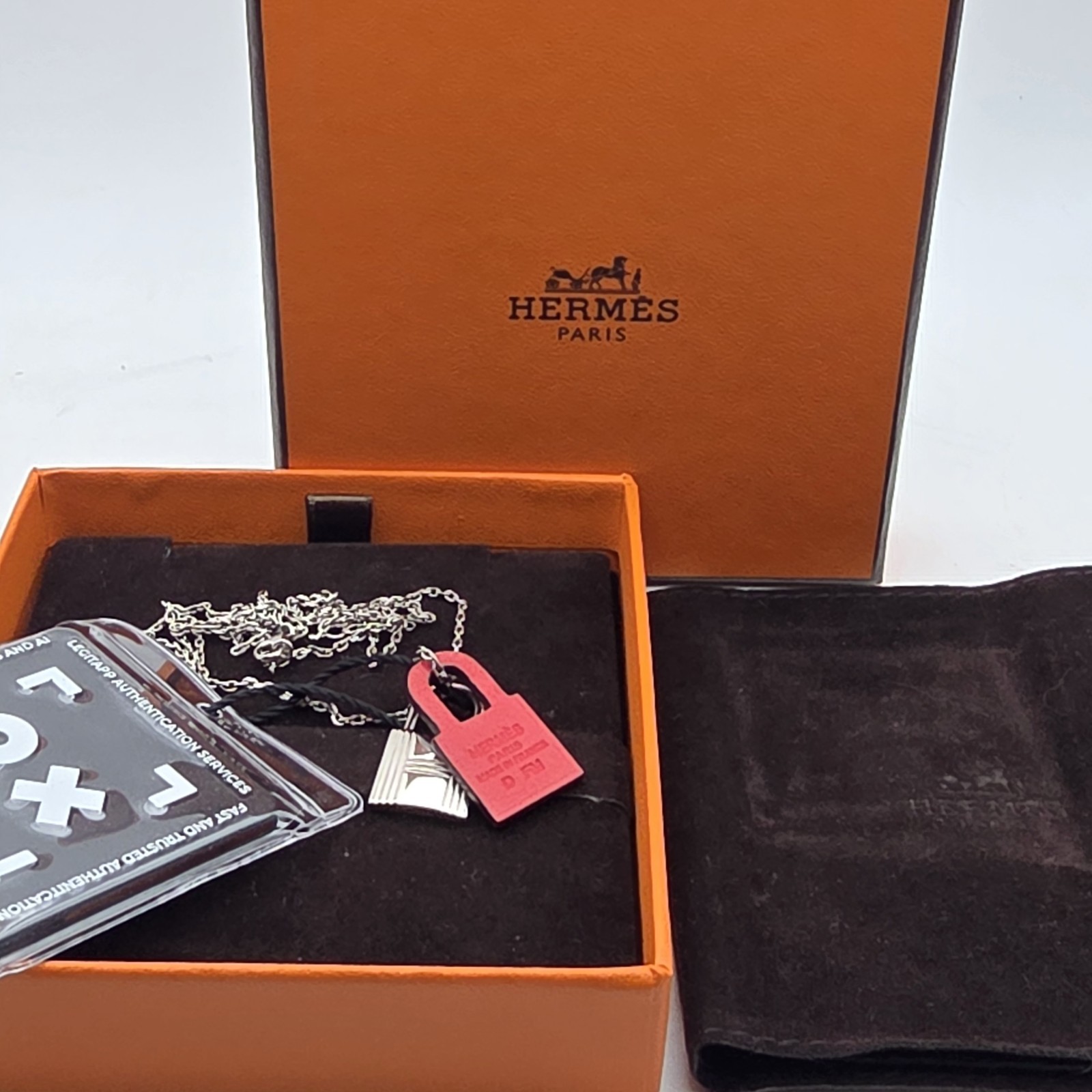 Hermès O’Kelly Pendant Necklace Silver Swift Leather Rose Azalee Red Box Receipt