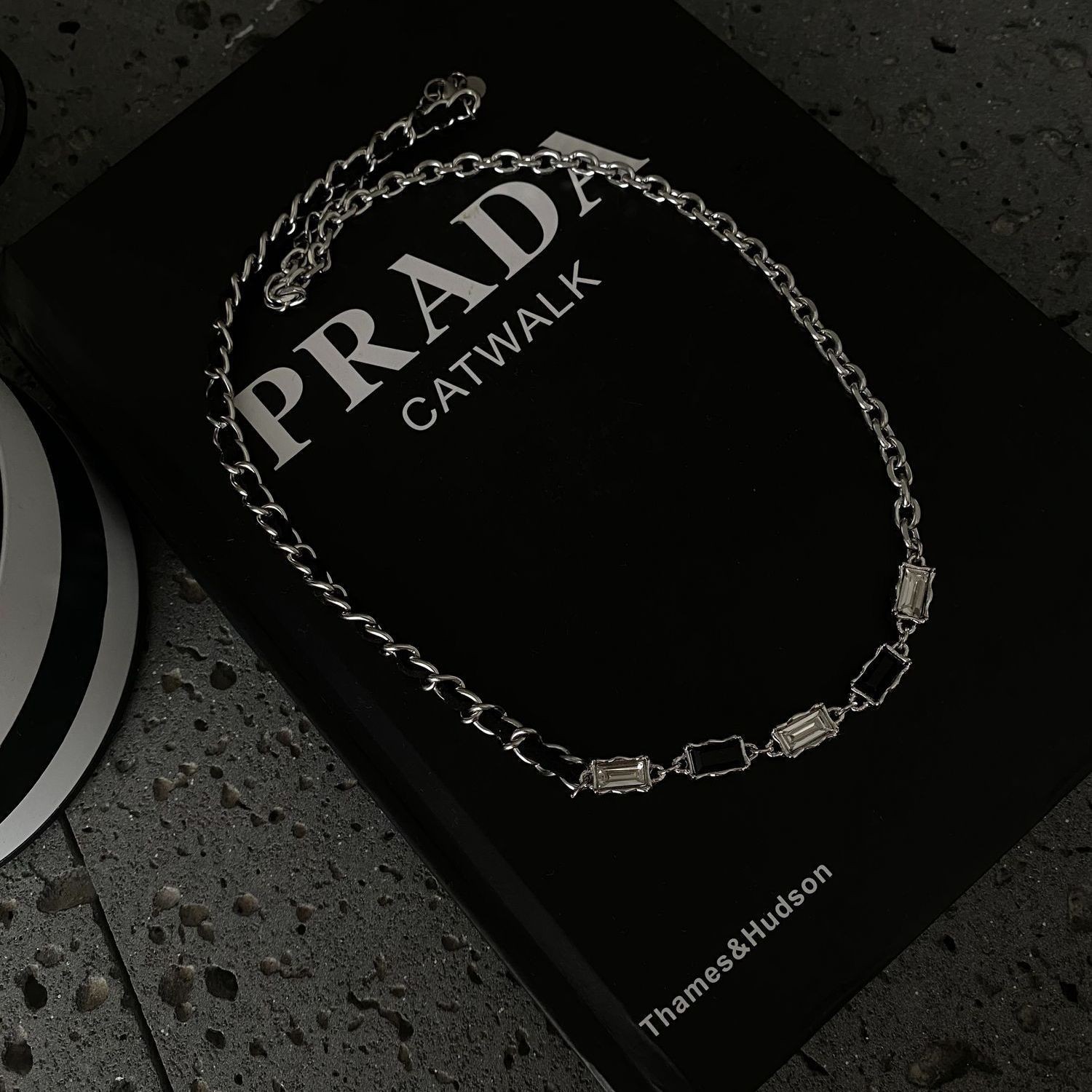 Silver Titanium Black PU Leather Necklace Black White Zirconia Unisex Jewelry