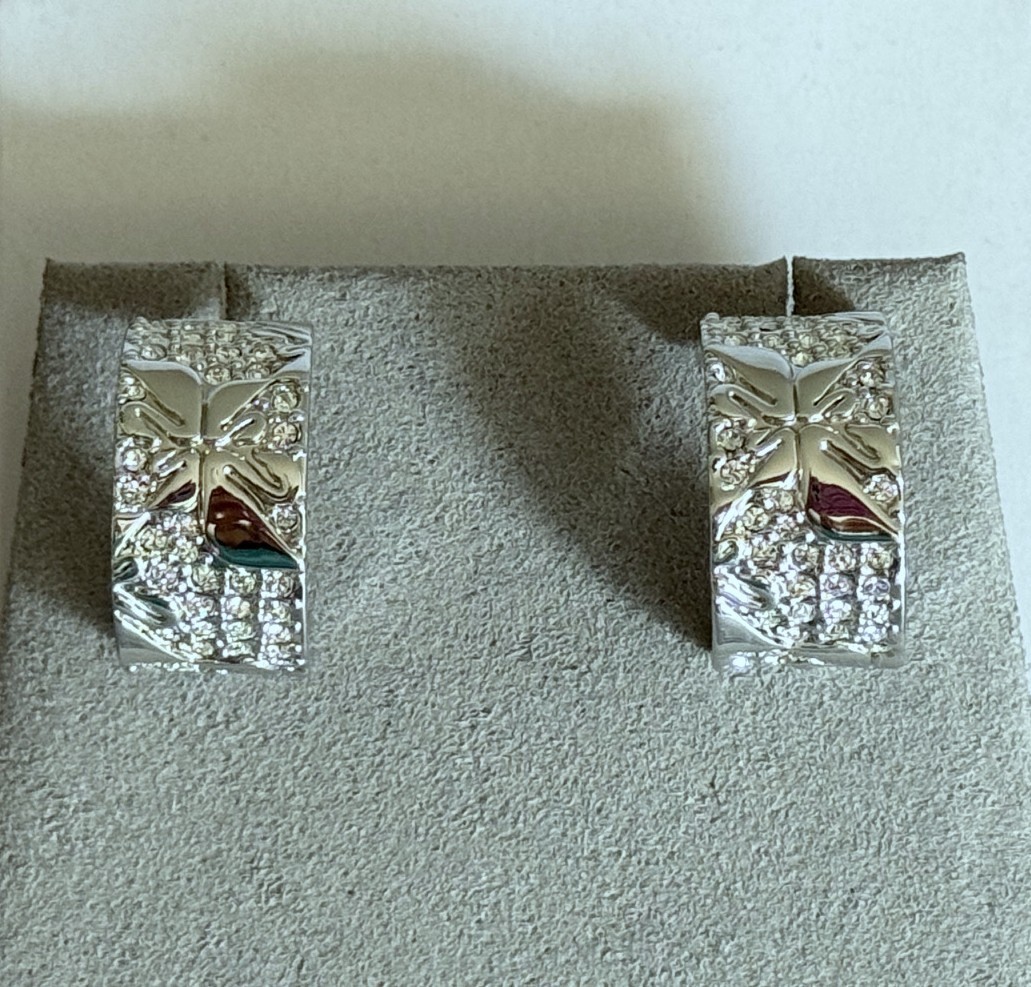 Swarovski Wide Half Hoop Swan Earrings – Rhodium Plated – Pierced