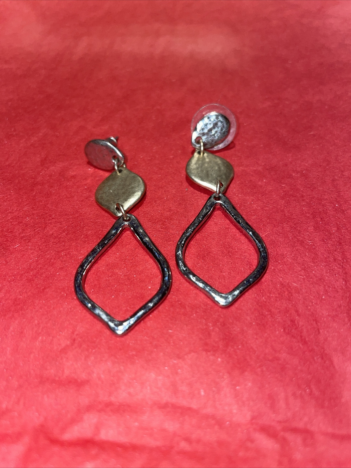 Drop earrings With Post For Pierced Ears. Two Tone Of Silver And Brushed Gold.