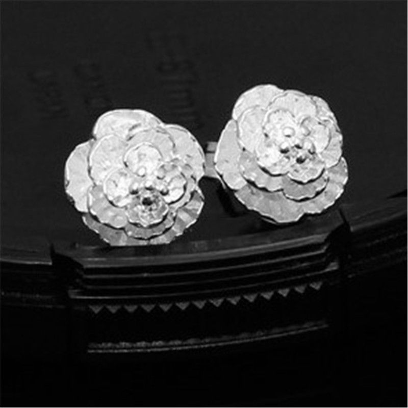 Pretty New Sterling Silver Plated Nicely Textured 3D Flower Stud Post Earrings