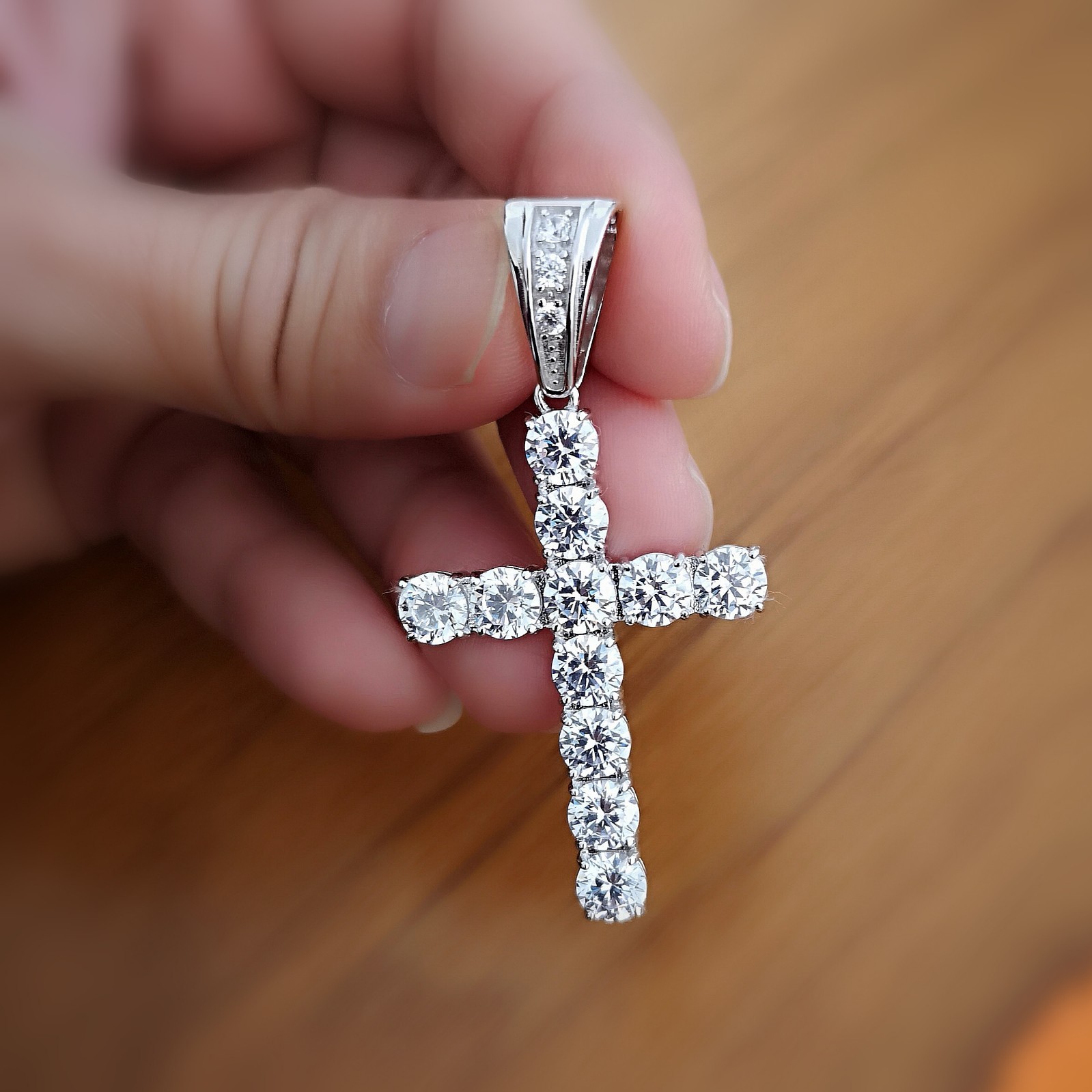Real Solid Silver/ 14K Gold Plated 10 Ct Simulate Diamond Cross Pendant Necklace