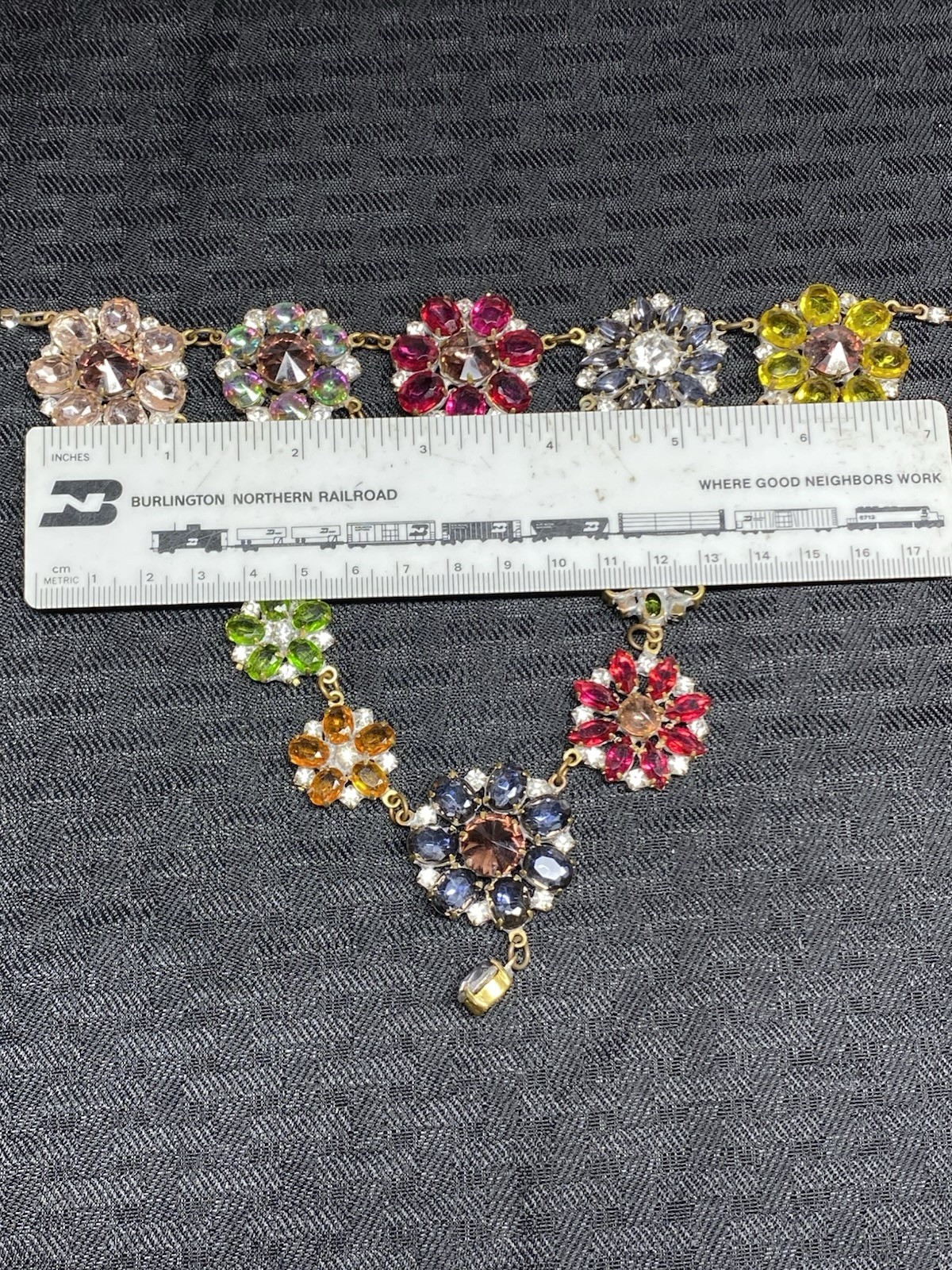 Glass(?) Multi Color Floral Dangle Pendant Statement Necklace Designer(?) Desc