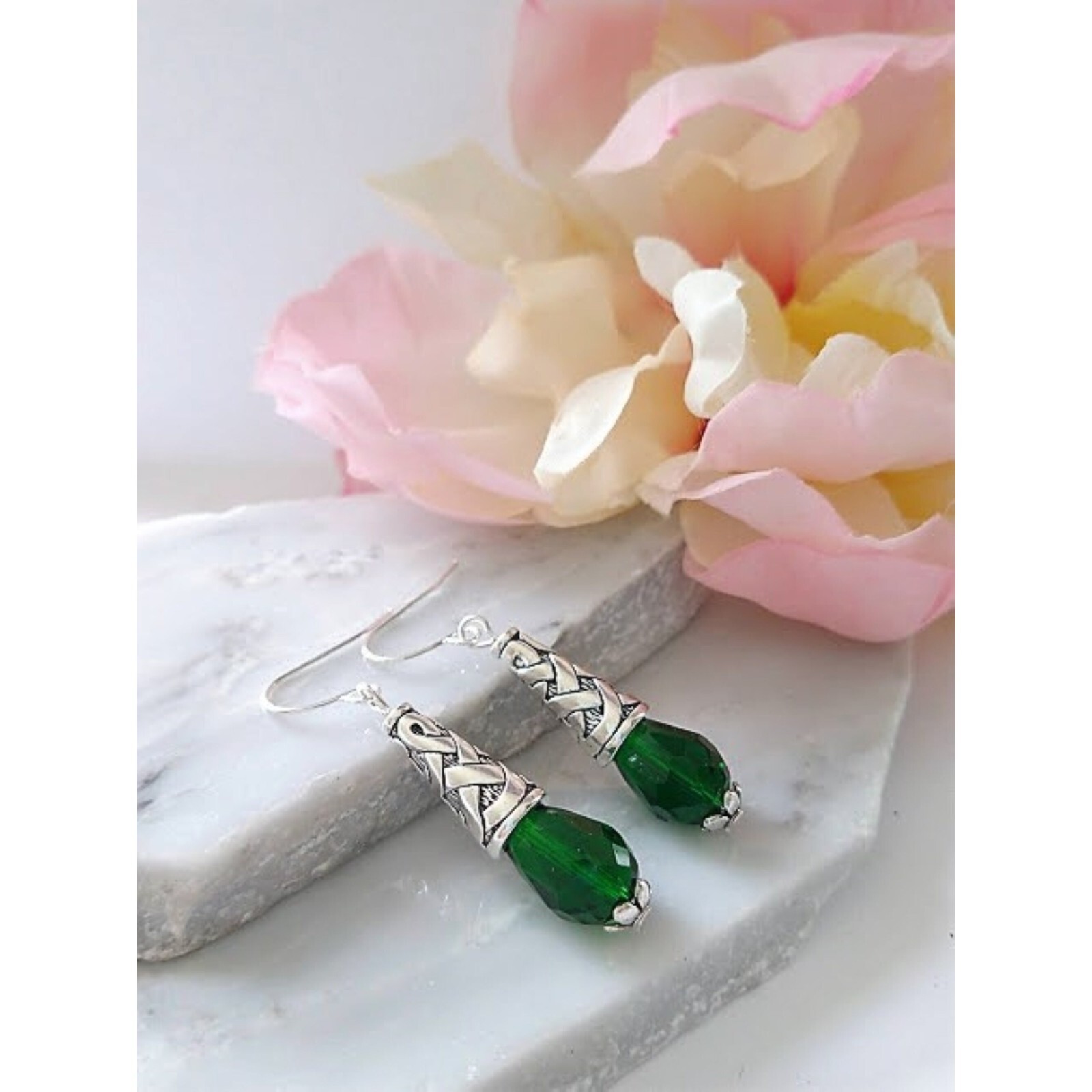 Emerald Dark Green Teardrop Crystal Silver Dangle Earrings, Drop Earrings