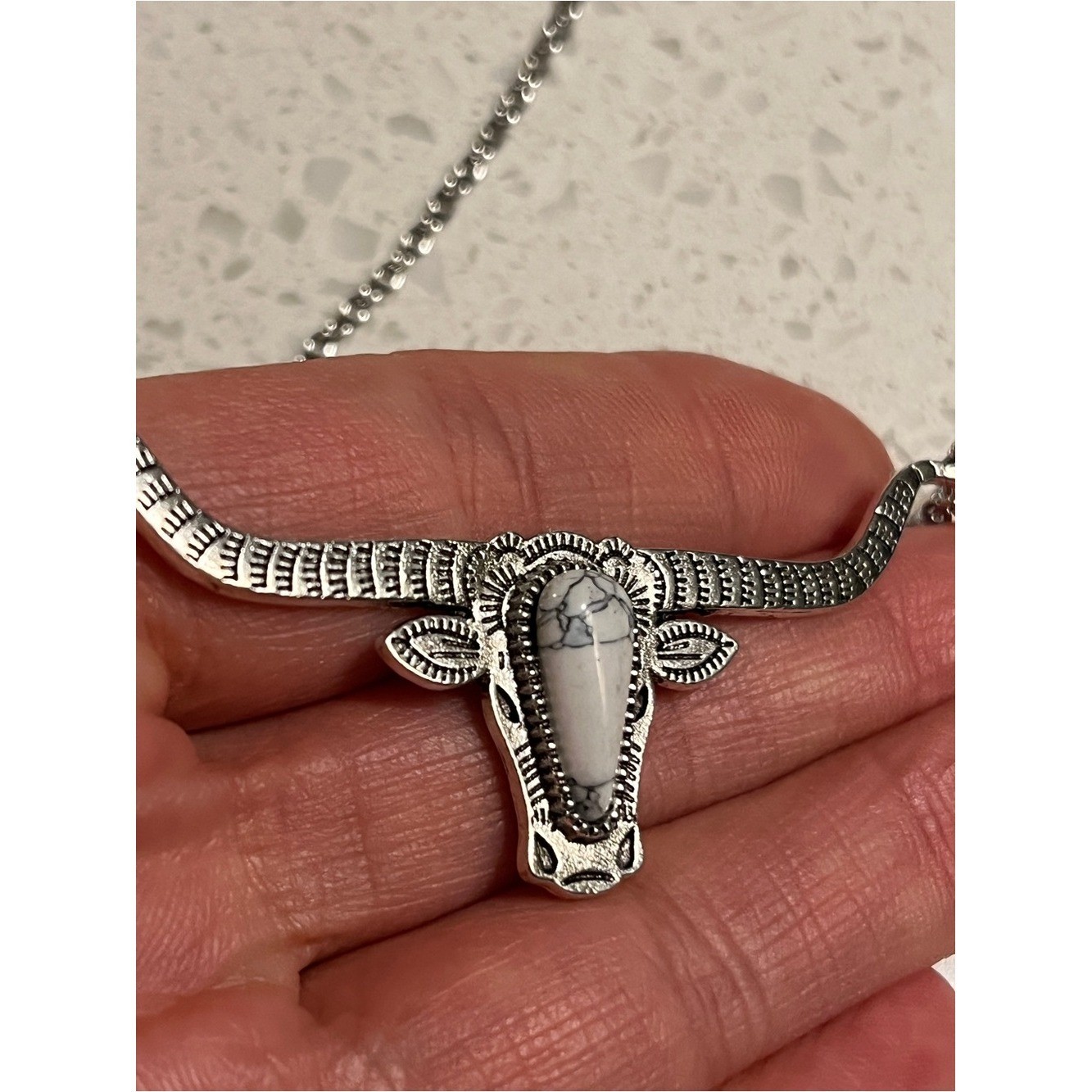 Bull head with long horn zinc alloy Turquoise Decor Necklace