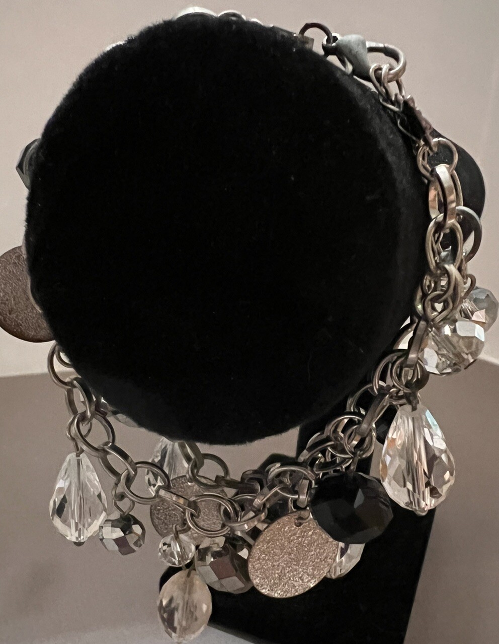 Silvertone Charm Double Strand Bracelet 8” Clear Black Mirror Bead Lobster Clasp