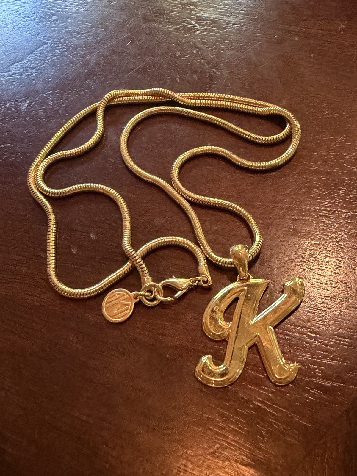 Gold Tone “K” Initial Pendant Necklace – Snake Chain – Script Letter