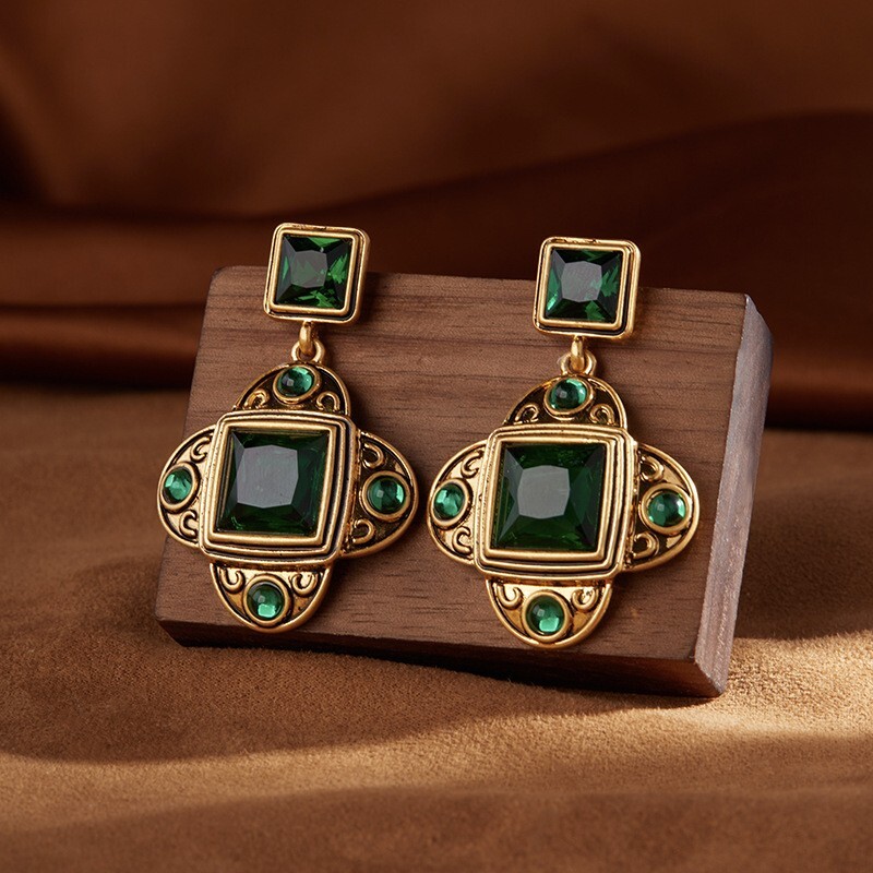 Vintage Matte Gold Plated Green Gem Earrings