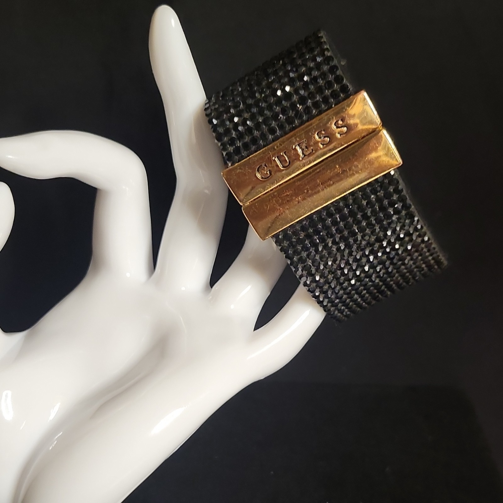 GUESS Black Mesh Magnetic Cuff Bangle Bracelet Gold Tone Signed No Stone