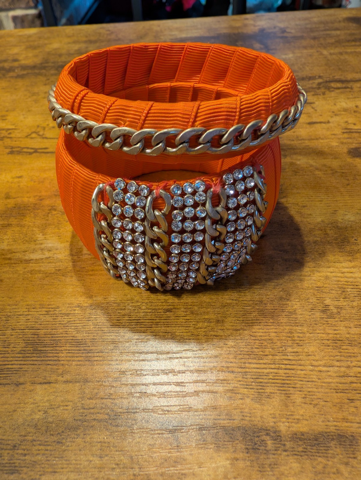 Set of 2 Orange Chunky Ribbon Chain Rhinestone Bangle Bracelets Unique