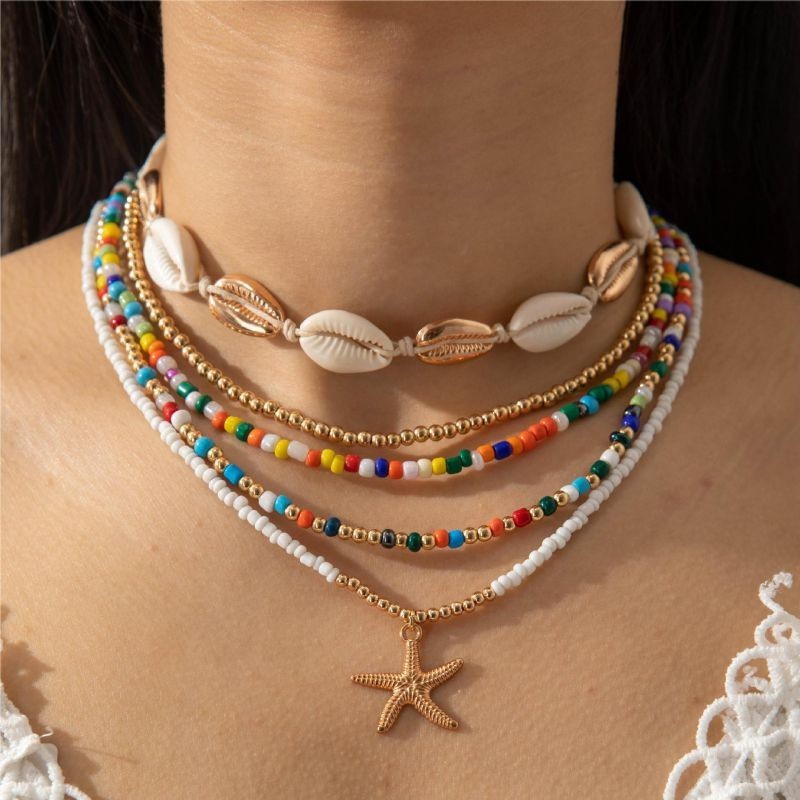 Rainbow Seed Bead Beaded Bracelet Necklace Set Seashell Starfish Beach Jewelry