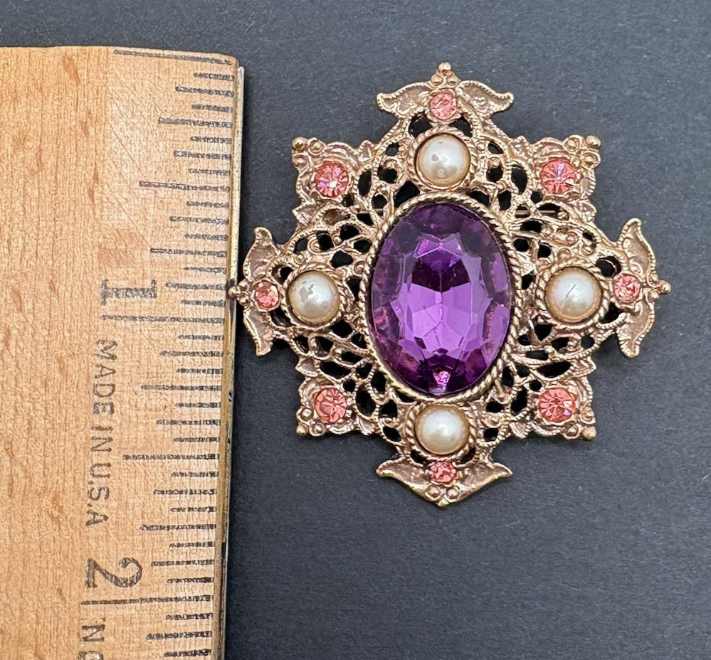 1928 Brand Victorian Revival Brooch Purple Pink Glass Faux Pearl Rose Gold Tone