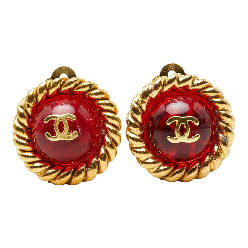 Chanel Coco Mark Gripoix Earrings Gold and Red Plated Glass 20.4 x 20.4mm Women
