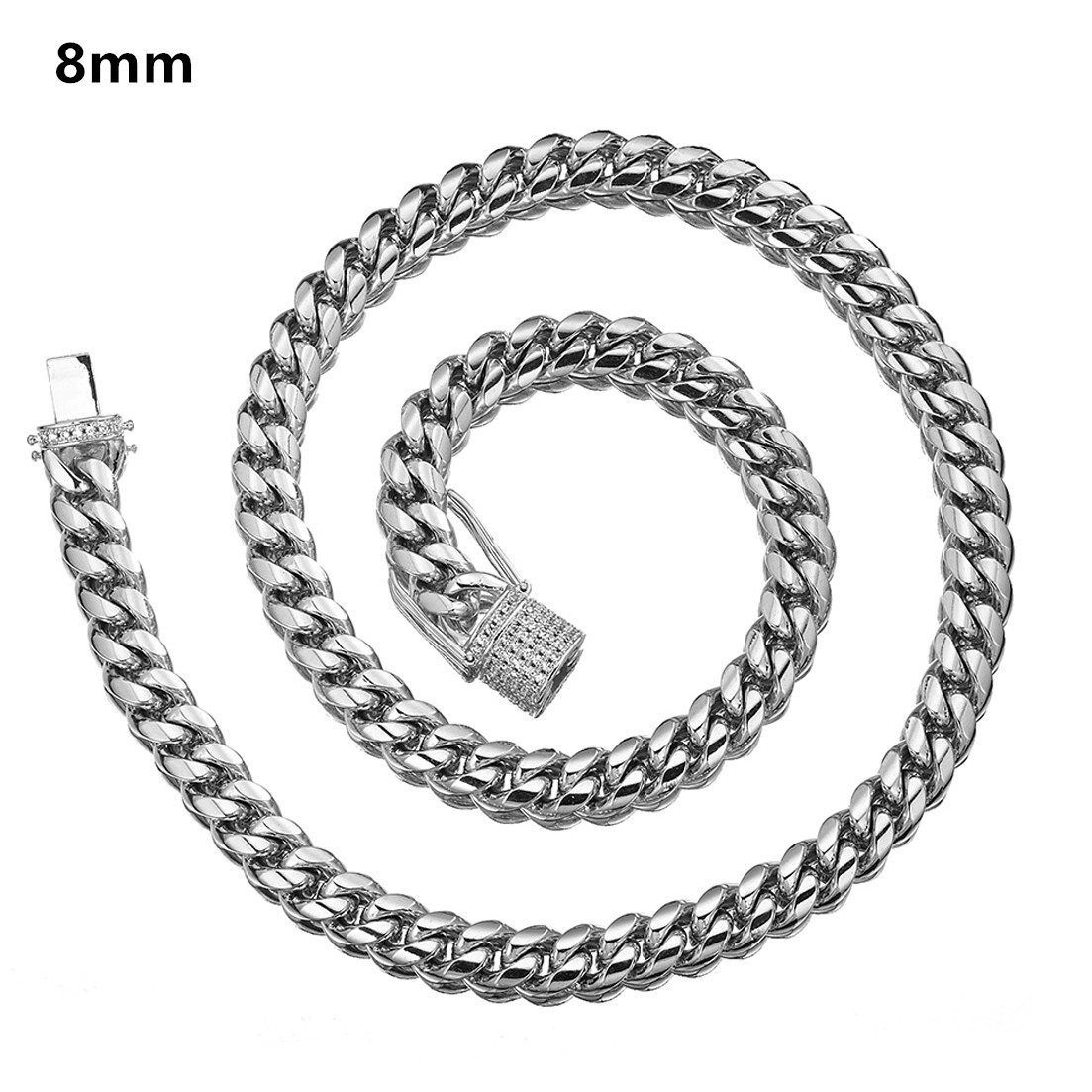 Stainless Steel Silver Miami Chain Curb Women Men Necklace 7-40″ 8/10/12/14/16mm