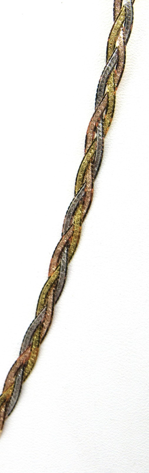 14K TRI-COLORED YELLOW ROSE & WHITE GOLD TWISTED BRAIDED HERRING FLAT NECKACE