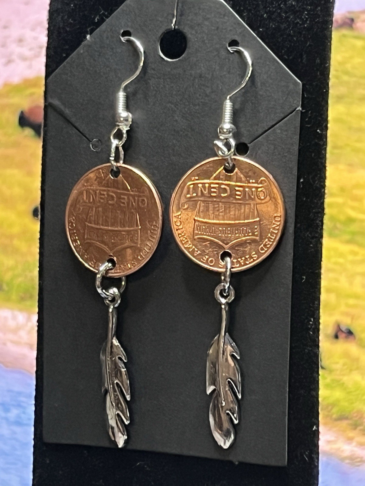 2-2025 D Pennys Coin & Feather Charm Dangle/Drop Hook Earrings, Multicolor Metal
