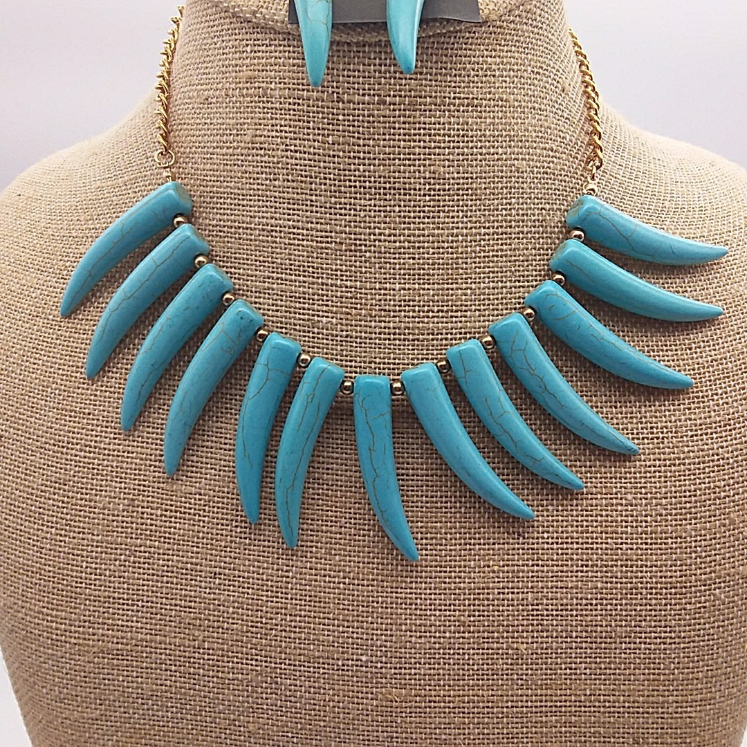 Southwestern Inspired Faux Turquoise Spike Necklace Earring Boho Western Howlite
